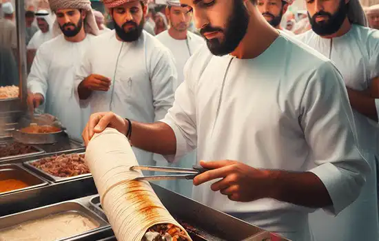 The History of Shawarma in the Gulf and Its Arrival in Oman 3 An image of an Omani vendor preparing shawarma for customers.