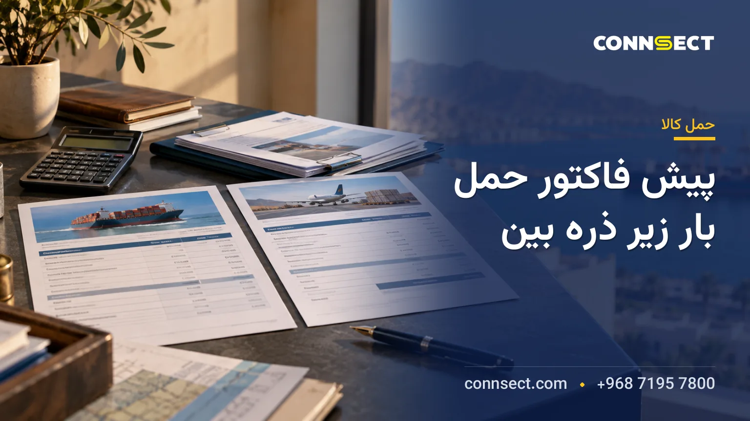 دو پیش فاکتور حمل بار کنار ماشین حساب و اسناد محموله روی میز یک دفتر لجستیکی