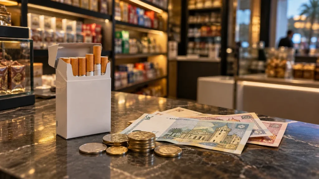 Cigarette Prices in Oman: Marlboro, Winston and Tobacco Costs 2 An unbranded cigarette pack beside Omani rial banknotes on a shop counter