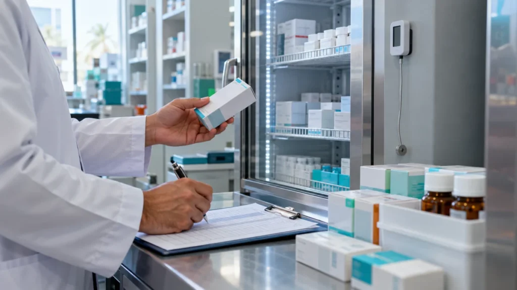 A pharmacist checking medicine storage conditions in a pharmacy stock area